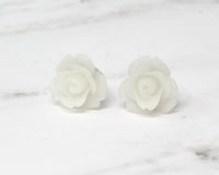 Single Bloom Rose Stud Earrings in Frosted White